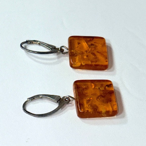 Vintage Natural Amber Square Dangle Earrings Leverback Silver Gemstone Jewelry - Picture 10 of 16